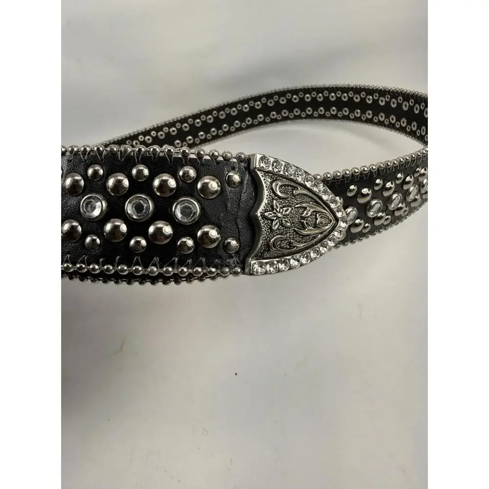 RhiO Leather Belt Studded Rhinestone Western Rocker Cowgirl Glam Size L Silver